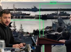 Two men sit at a conference table with microphones, facing each other, in front of a harbor crowded with navy ships (green overlay lines visible).