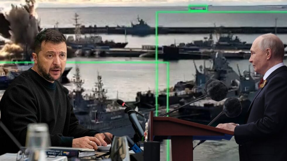 Two men sit at a conference table with microphones, facing each other, in front of a harbor crowded with navy ships (green overlay lines visible).