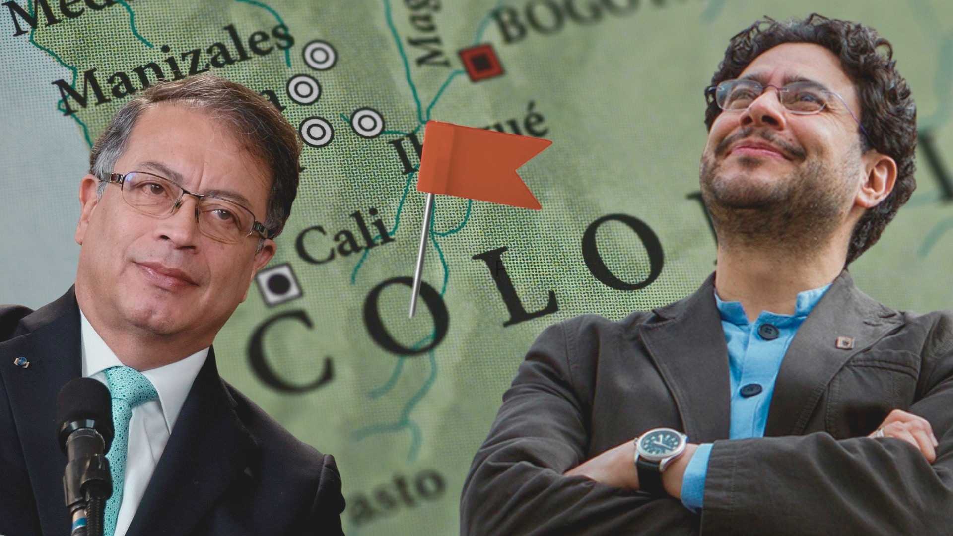 Gustavo Petro i Iván Cepeda na tle mapy Kolumbii, z czerwoną flagą pośrodku