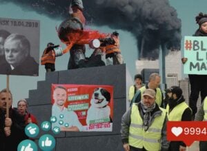 Kolaż ze zdjęć: schody smoleńskie, na nich Ostatnie Pokolenie oblewa czerwoną farbą syrenkę, na schodach plakat wyborczy Łukasza Litewki z pieskiem, z lewej osoby w żółtych kamizelkach, po lewej miesięcznica smoleńska z portretem Lecha i Marii Kaczyńskich, w tle płonące wierze World Trade Center