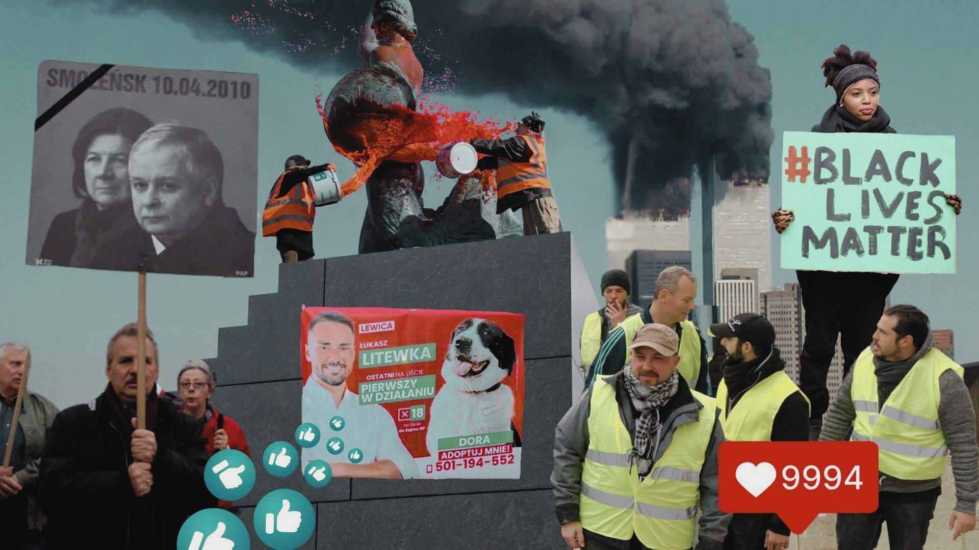Kolaż ze zdjęć: schody smoleńskie, na nich Ostatnie Pokolenie oblewa czerwoną farbą syrenkę, na schodach plakat wyborczy Łukasza Litewki z pieskiem, z lewej osoby w żółtych kamizelkach, po lewej miesięcznica smoleńska z portretem Lecha i Marii Kaczyńskich, w tle płonące wierze World Trade Center