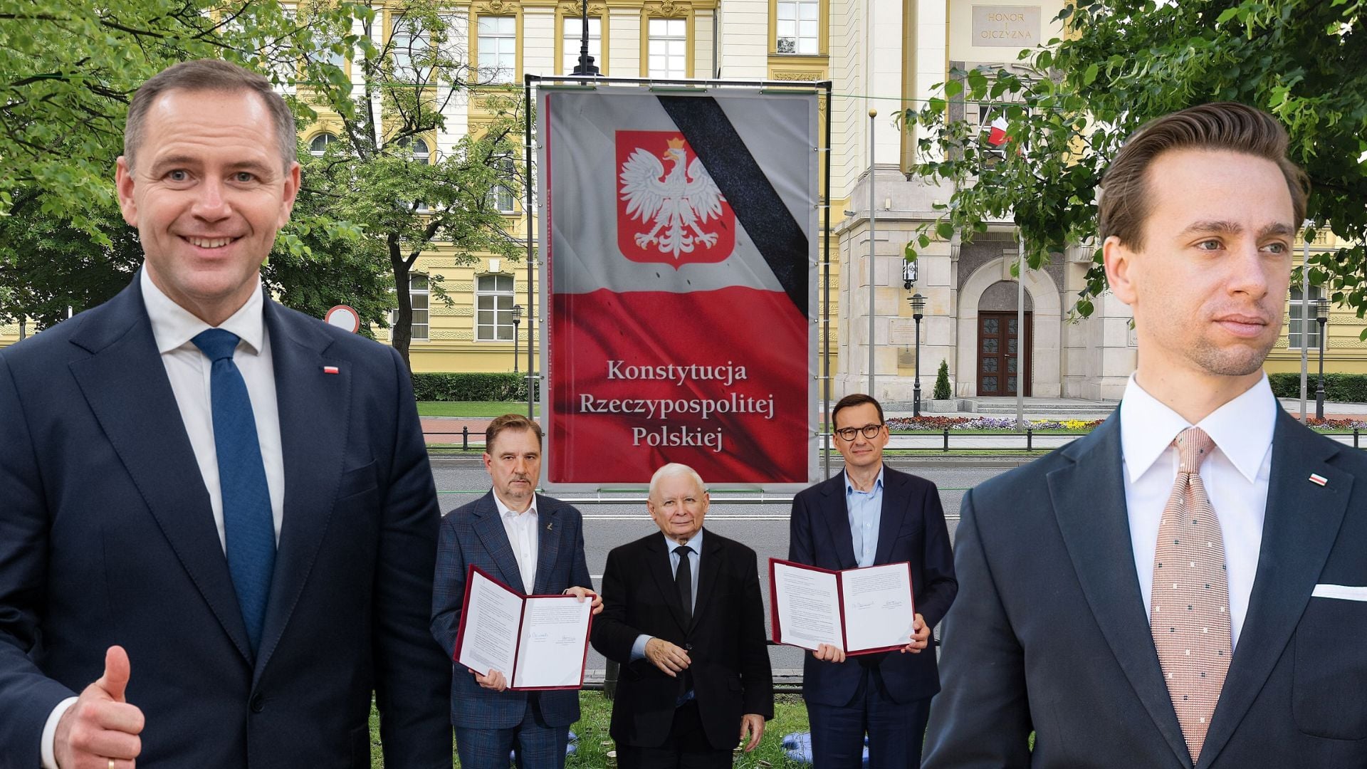 Five men in suits outdoors posing beside a banner that reads Konstytucja Rzeczypospolitej Polskiej near a government-style building.