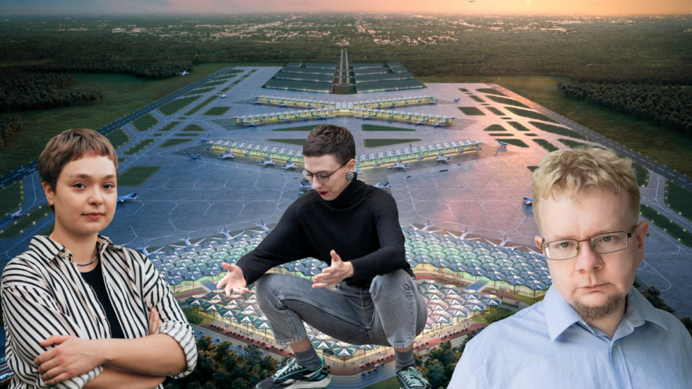 Three people in the foreground pose in front of a large airport with multiple taxiways and terminal buildings visible in the background during sunset/ twilight.