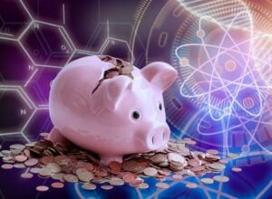 Pink piggy bank with coins spilled around, set against a neon, high-tech background suggesting finance and technology behind savings.