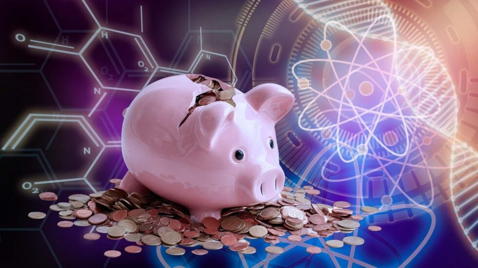 Pink piggy bank with coins spilled around, set against a neon, high-tech background suggesting finance and technology behind savings.