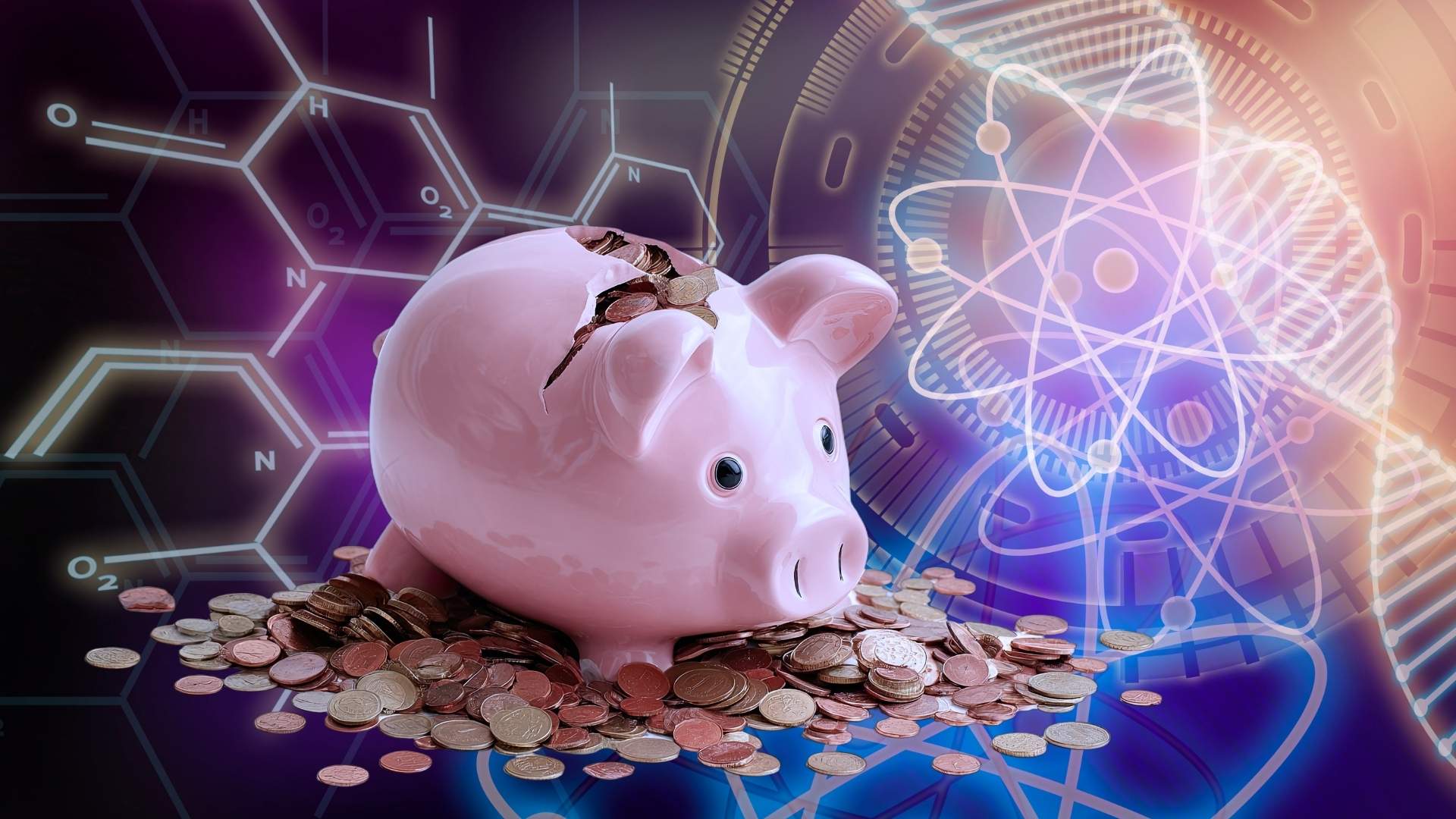 Pink piggy bank with coins spilled around, set against a neon, high-tech background suggesting finance and technology behind savings.