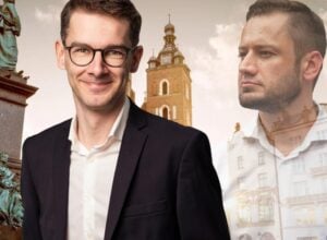 Tomasz Leśniak i Aleksander Miszalski na tle rynku w Krakowie
