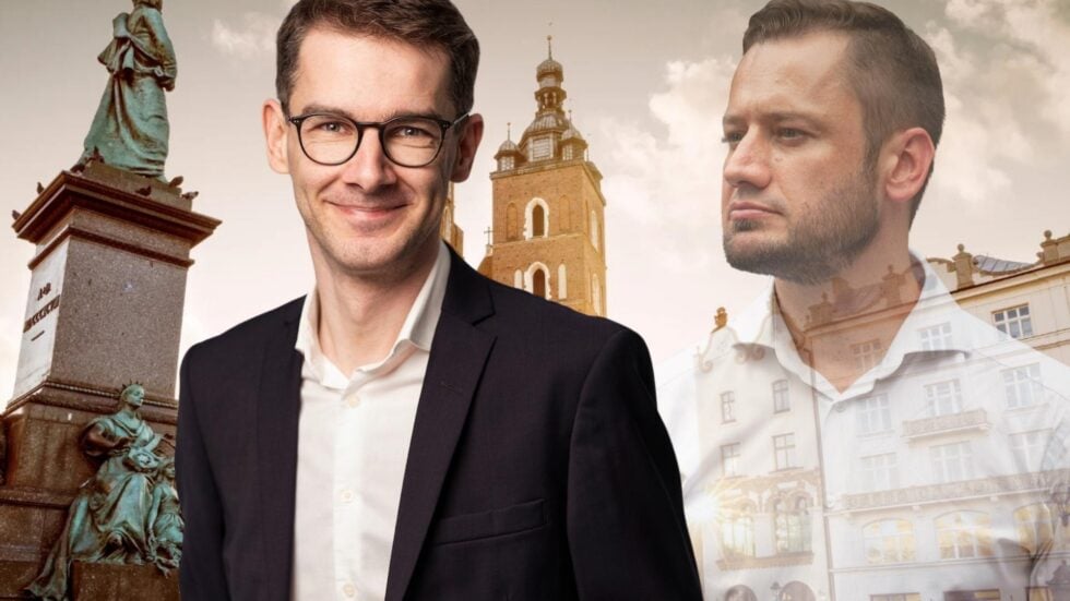 Tomasz Leśniak i Aleksander Miszalski na tle rynku w Krakowie