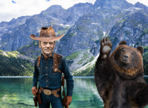 Donald Tusk na tle Morskiego Oka obok niedźwiedzia