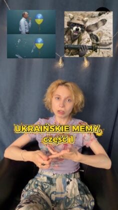 Woman with short blonde hair sits against a blue wall; above her are two meme images (left: man with a blue-yellow balloon, right: camouflaged dog holding a rifle) with bold Polish text 'UKRAŃSKIE MEMY, część 1' overlayed.