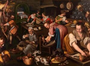 Busy Renaissance kitchen with cooks carving meat, preparing dishes, and tending a hearth around a long table.