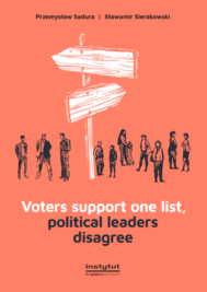 Book cover on a coral background with a wooden signpost and silhouetted voters; title reads 'Voters support one list, political leaders disagree'.