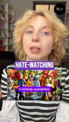 Thumbnail of a blonde woman in a room with bookshelves, overlaid with a purple 'HATE-WATCHING' banner and a collage of colorful characters; bottom caption in Polish says '4 miliardy wyświetleń'.