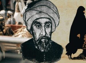 Composite image: a large grayscale portrait of a bearded man in a turban overlaid on a busy market street with shoppers and a veiled woman walking by beside a beige wall.