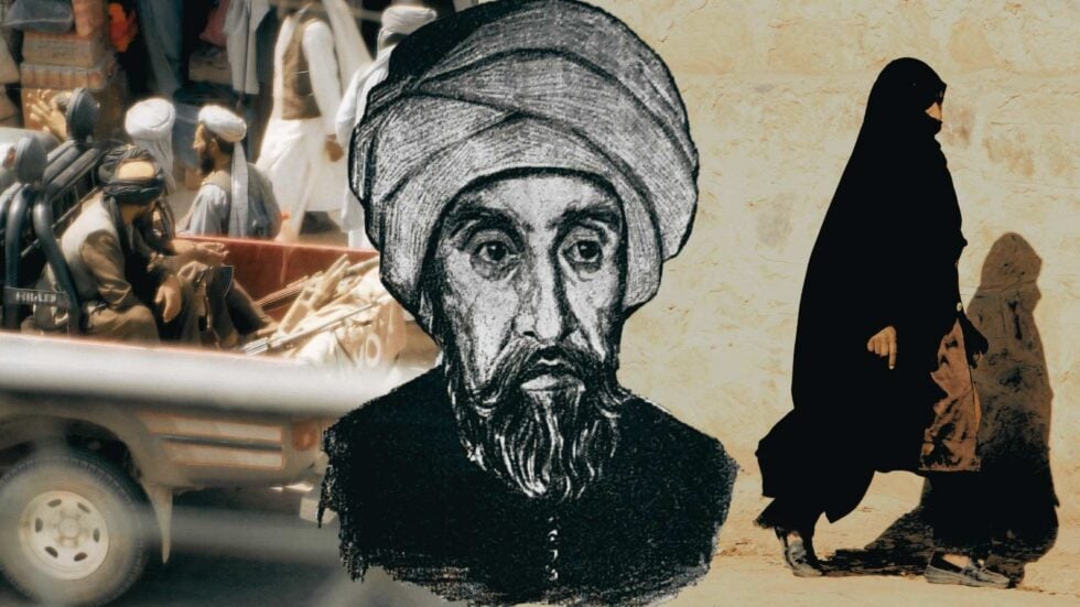 Composite image: a large grayscale portrait of a bearded man in a turban overlaid on a busy market street with shoppers and a veiled woman walking by beside a beige wall.