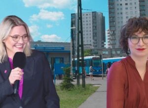 Po lewej Aleksandra Owca, po prawej Daria Gosek-Popiołek, w tle pętla autobusowa w Krakowie