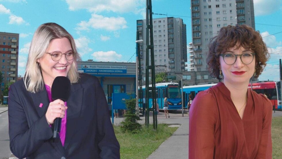 Po lewej Aleksandra Owca, po prawej Daria Gosek-Popiołek, w tle pętla autobusowa w Krakowie