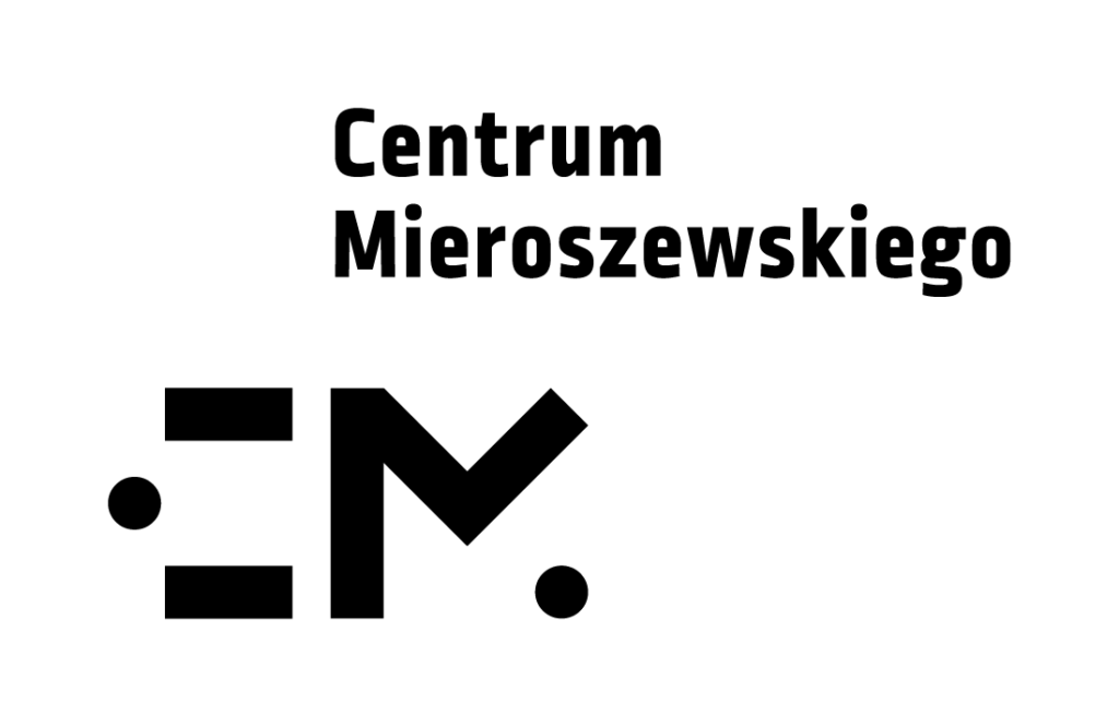 Bold 'Centrum Mieroszewskiego' text above a geometric black logo featuring a thick vertical stem, diagonal shape, and two dots.