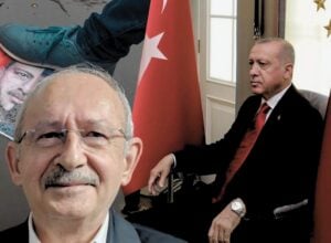 Po lewej uśmiechnięty Kemal Kılıçdaroğlu - starszy siwy pan - nad nim stopa deptająca plakat z Erdoganem, po prawej Erdogan siedzący w fotelu między tureckimi flagami (kolaż)
