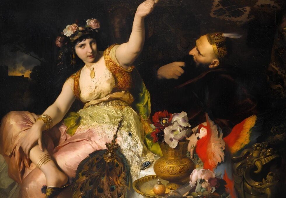 Renaissance-style painting of a regal woman in a gold-embellished dress, with raised arm, facing a bearded man in a crown amid a floral, ornate setting.