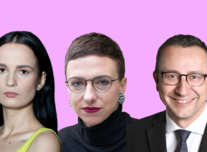 Team portrait of three professionals against a pink background.