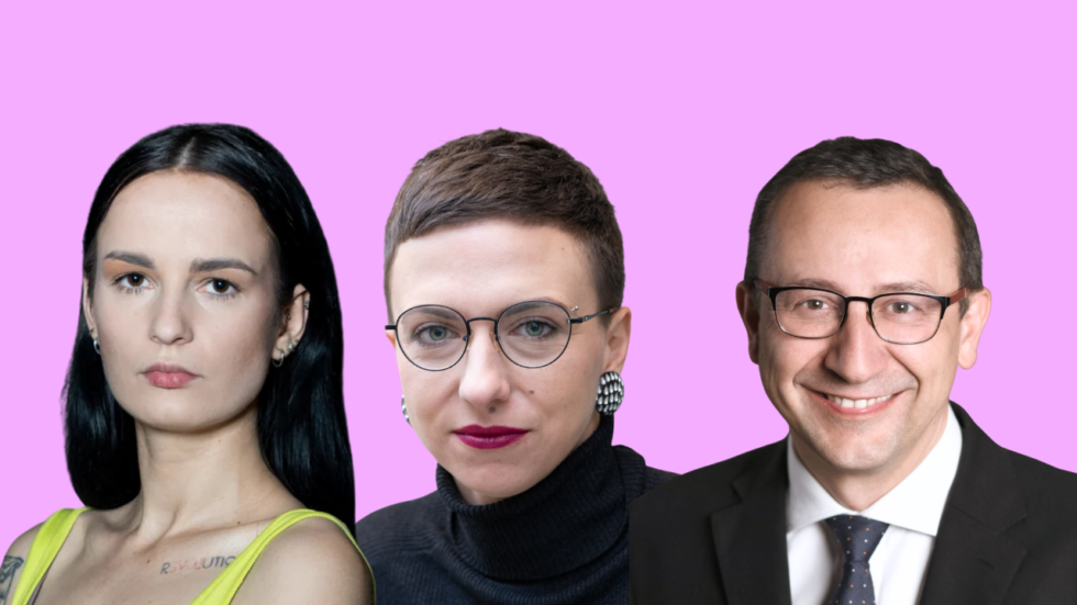 Team portrait of three professionals against a pink background.