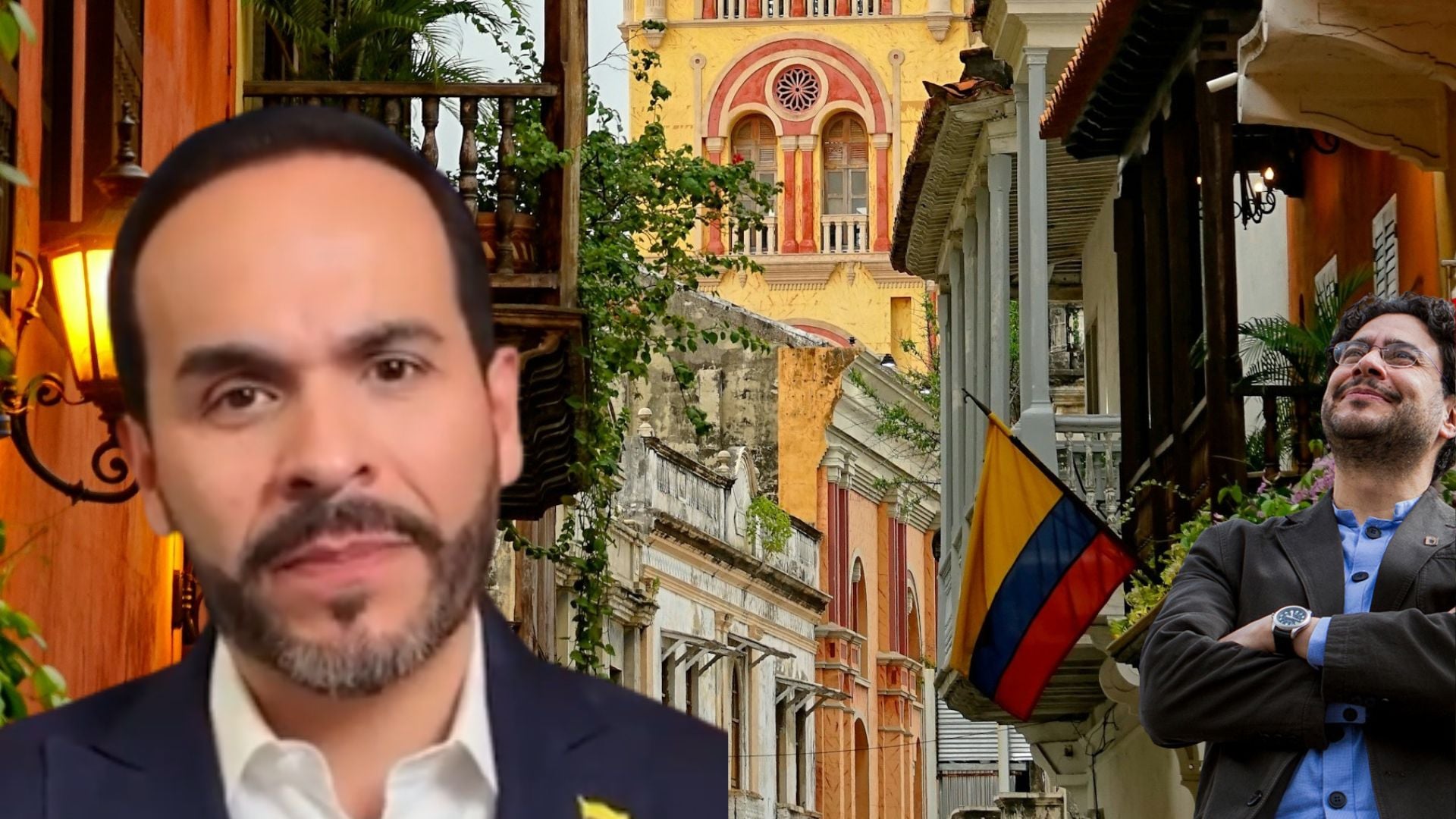 Two men in suits in a colorful colonial street; left foreground close-up, right man smiling with a Colombian flag visible in the scene.