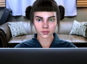 Freckled woman with dark hair in buns, facing a laptop on a couch in a living room area.