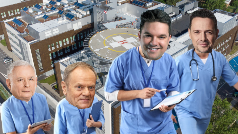 Four doctors in blue scrubs stand on a hospital rooftop near a circular helicopter pad, with the hospital building and solar panels in the background.