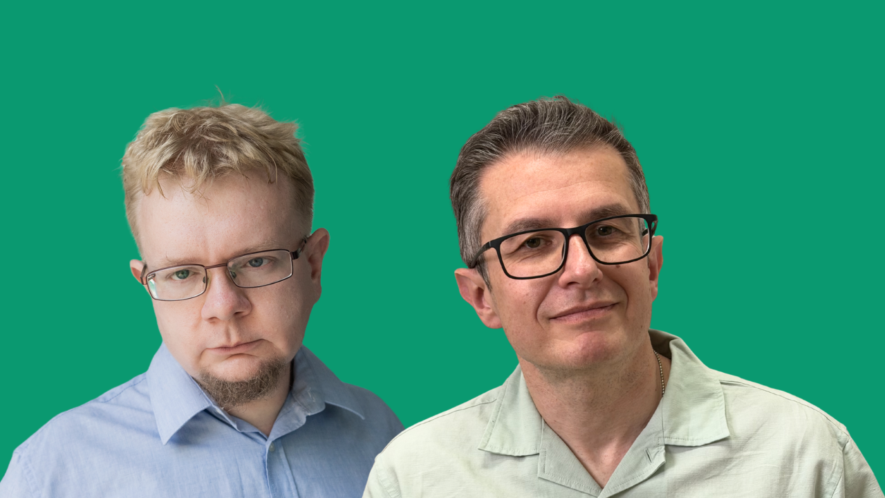 Two men with glasses stand side by side against a green background.