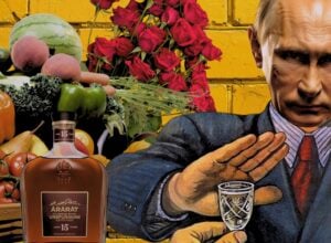 Bold collage featuring a bottle of Ararat Armenian brandy beside a basket of vegetables and bright red roses against a yellow brick wall.