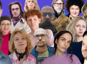 Collage of diverse adults posing for a group photo against a purple background.