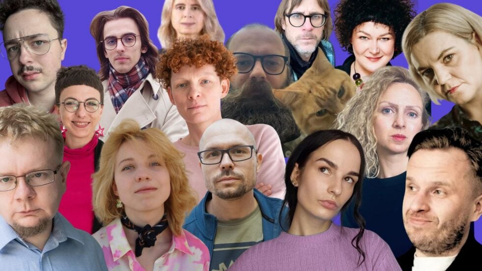 Collage of diverse adults posing for a group photo against a purple background.