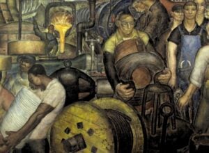Industrial workers operate heavy factory machinery among large spools and pipes in a mural of manufacturing life.
