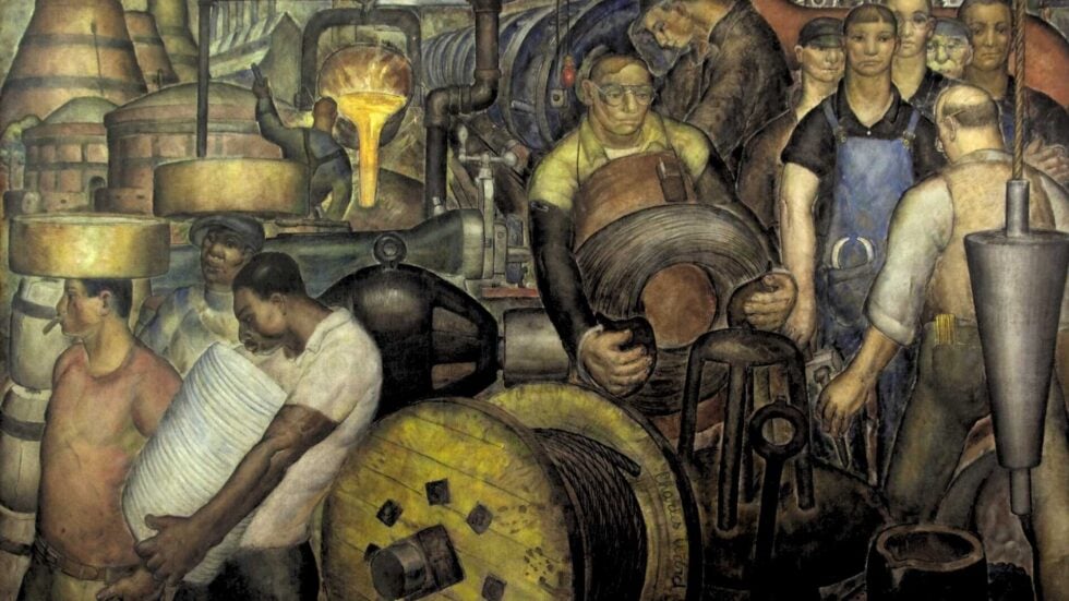 Industrial workers operate heavy factory machinery among large spools and pipes in a mural of manufacturing life.