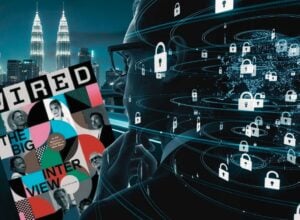 Profile of a person with floating padlocks, global data rings, and a WIRED magazine collage illustrating cybersecurity concept.