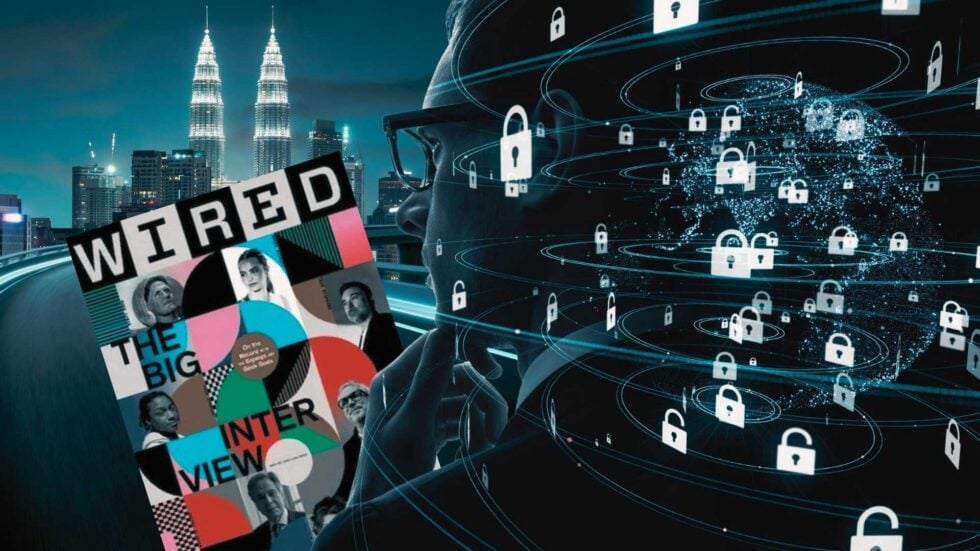 Profile of a person with floating padlocks, global data rings, and a WIRED magazine collage illustrating cybersecurity concept.