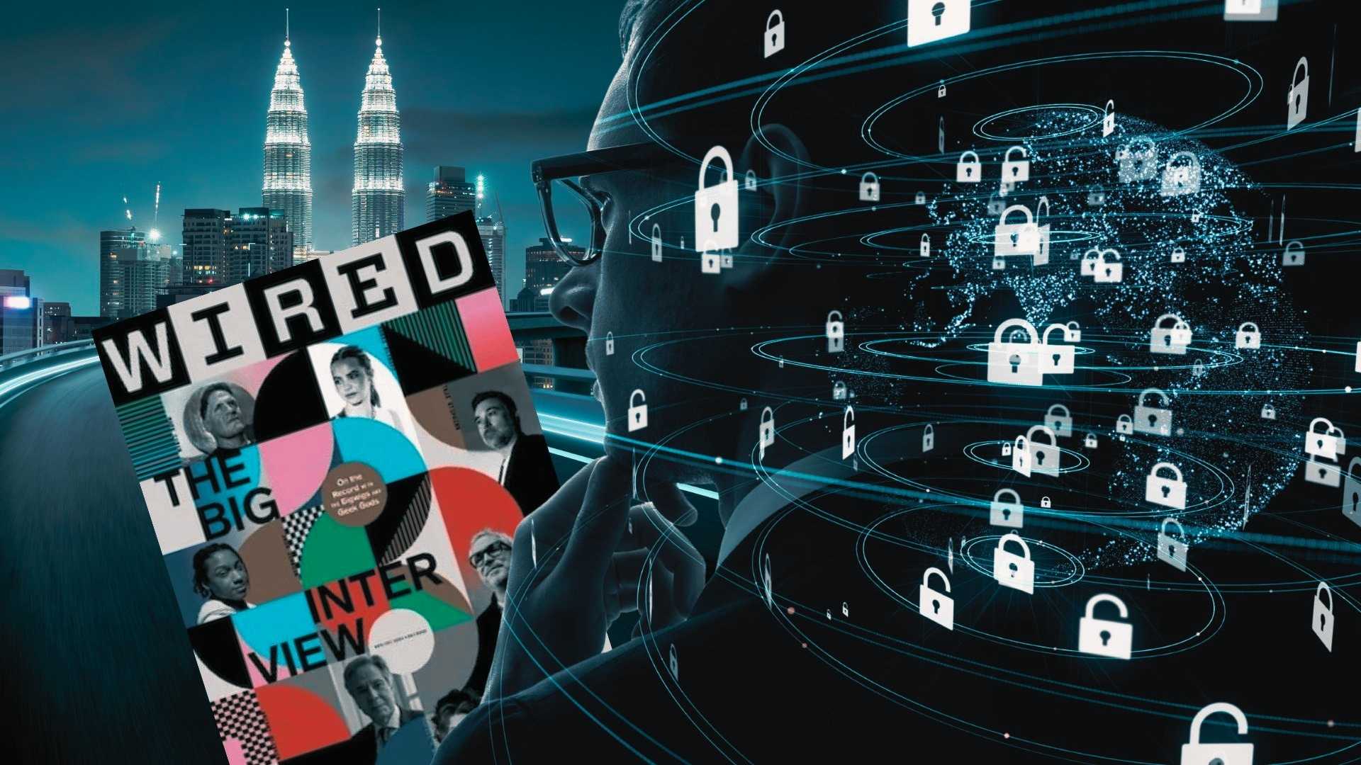 Profile of a person with floating padlocks, global data rings, and a WIRED magazine collage illustrating cybersecurity concept.