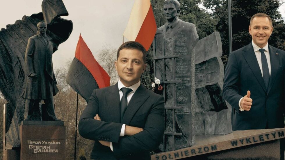 Wołodymyr Zełenski na tle pomnika upamiętniającego UPA, Karol Nawrocki z kciukiem do góry przy pomniku Żołnierzy Wyklętych