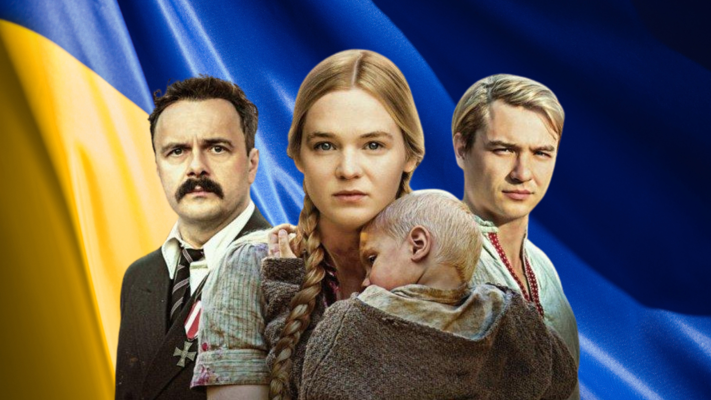 Family of four stands before a blue-yellow Ukrainian flag: stern man in suit, woman with braided hair holding a child, and a blond man beside them