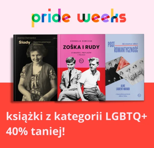 Colorful 'pride weeks' text over a pink background above a row of assorted book covers (black, pink, and blue) with Polish titles visible.