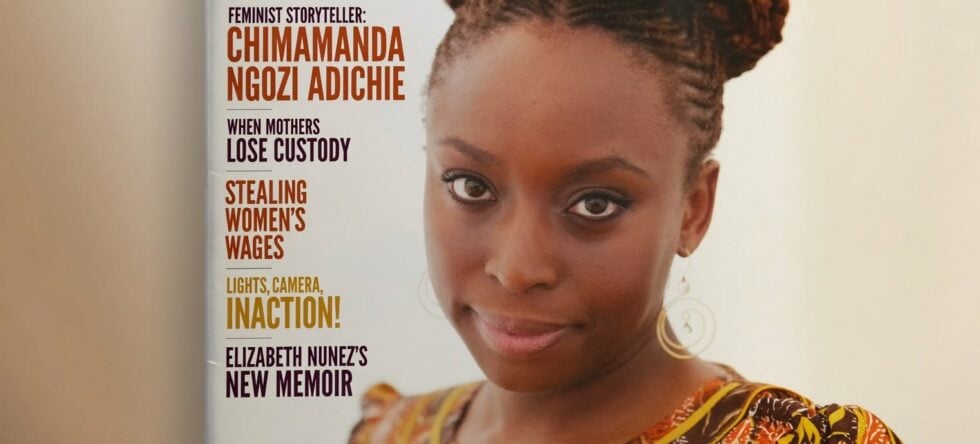 Magazine cover featuring a close-up portrait of Chimamanda Ngozi Adichie on the right with bold left-aligned headlines about feminism and memoirs on the left.