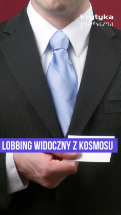 Close-up of a man in a pinstripe suit with a light blue tie, hands holding a card, overlaid with Polish text banners about lobbying.