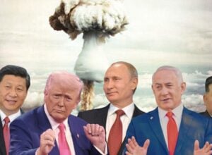 Political collage of five world leaders in suits with a large mushroom cloud explosion in the background; conveys a satire of nuclear threat.