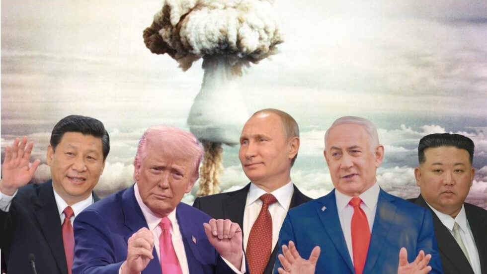 Political collage of five world leaders in suits with a large mushroom cloud explosion in the background; conveys a satire of nuclear threat.