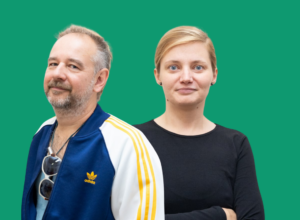 Two adults stand side by side against a solid green background (man left, woman right).