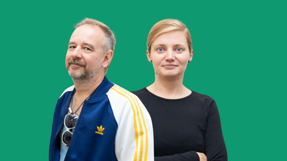 Two adults stand side by side against a solid green background (man left, woman right).