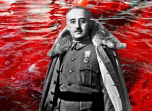 Czarno-białe zdjęcie Francisco Franco w mundurze, za nim krwawa czerwona woda