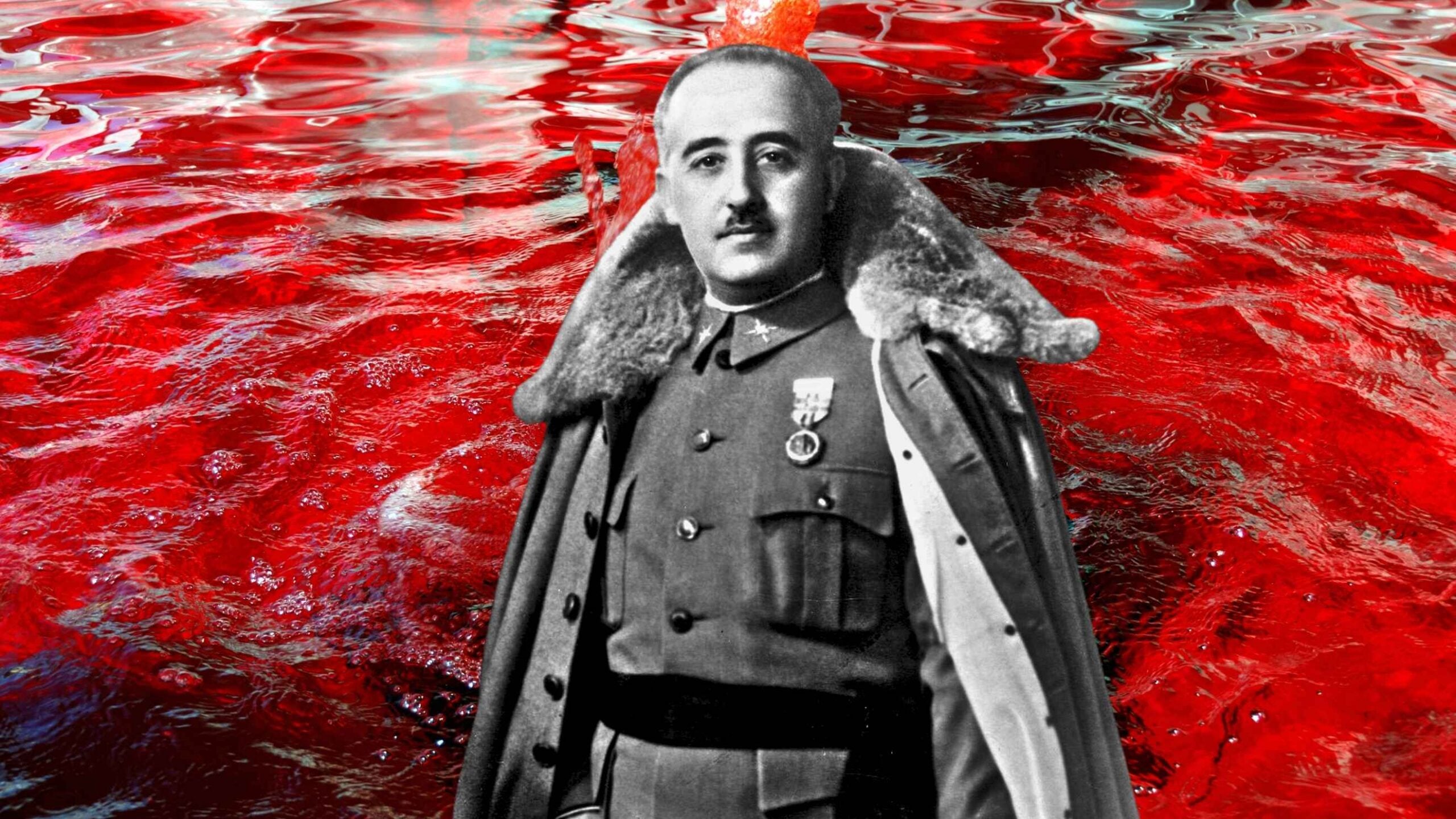 Czarno-białe zdjęcie Francisco Franco w mundurze, za nim krwawa czerwona woda