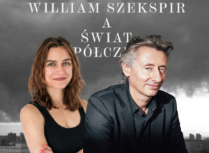 Two adults pose in front of a stormy city backdrop; a woman in a black top and a man in a dark suit sit side by side beneath large Polish title text. The scene suggests a theatrical or promotional poster.